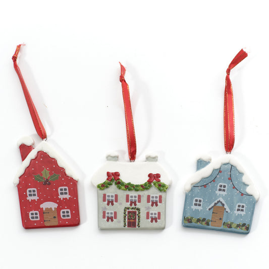Christmas Cottage Embossed Stoneware House Hanger