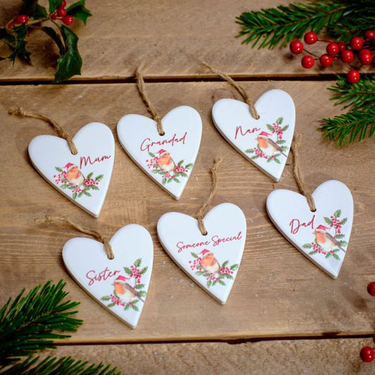 Festive Robin Raised Ceramic Heart Hanger