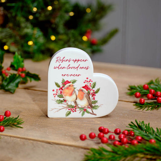 Christmas Robins Appear Ceramic Heart Block