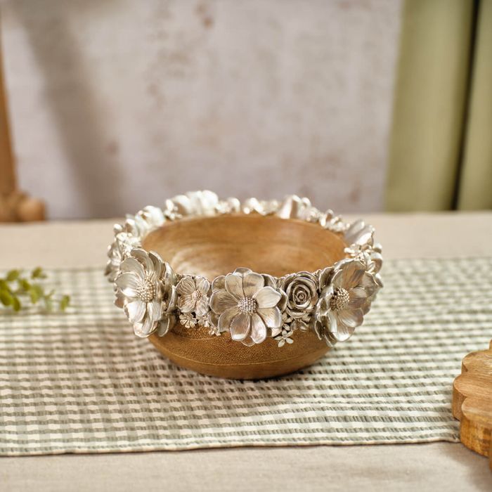 Brushed Silver 3D Floral Wood Effect Bowl