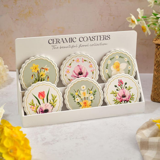 Floral Serenade Ceramic Coaster with Scalloped Edge