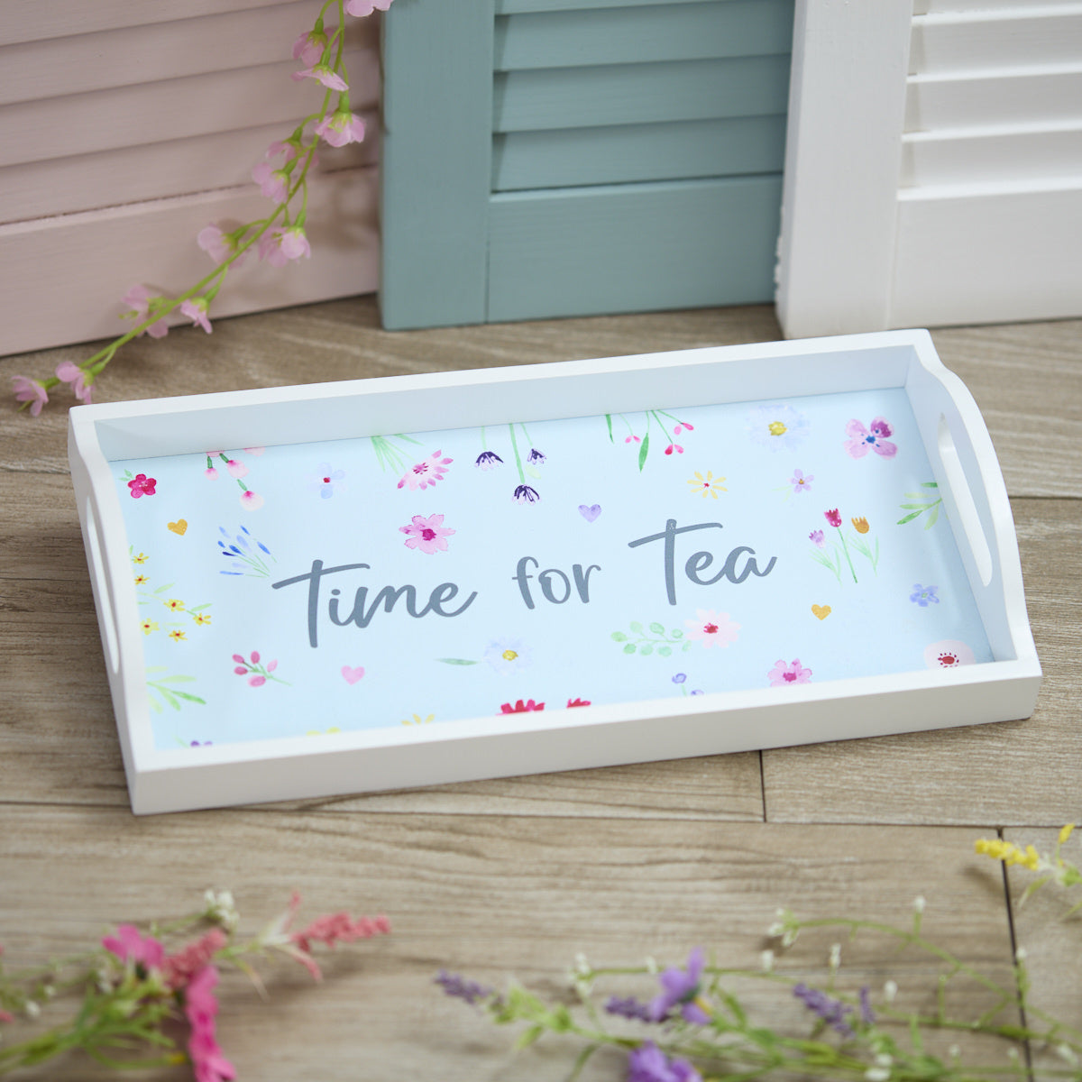 Pretty Floral Time For Tea Wood Tray