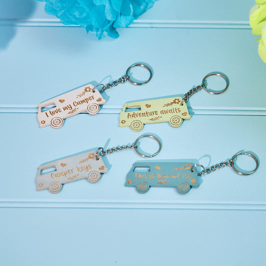 Pastel Campervan Engraved Keyring