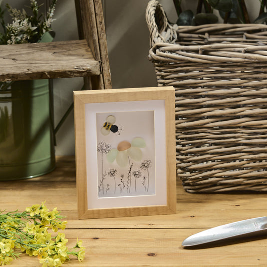 Glass Pebble Daisy & Bee Open Wooden Frame