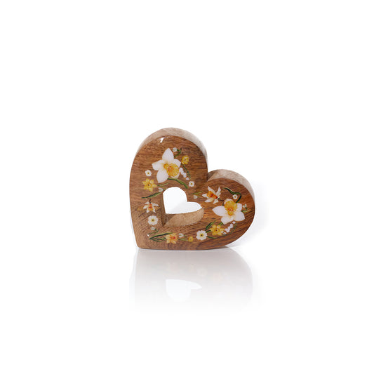 Floral Serenade Mango Wood Heart Block Small