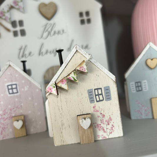 Rose Cottage Wooden House Block with Bunting