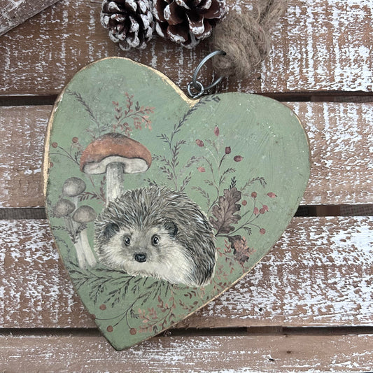 Woodland Hedgehog Mango Wood Heart Hanger