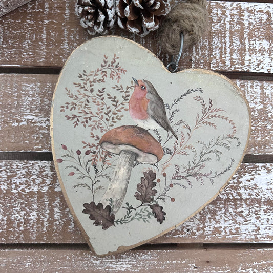 Woodland Robin Mango Wood Heart Hanger