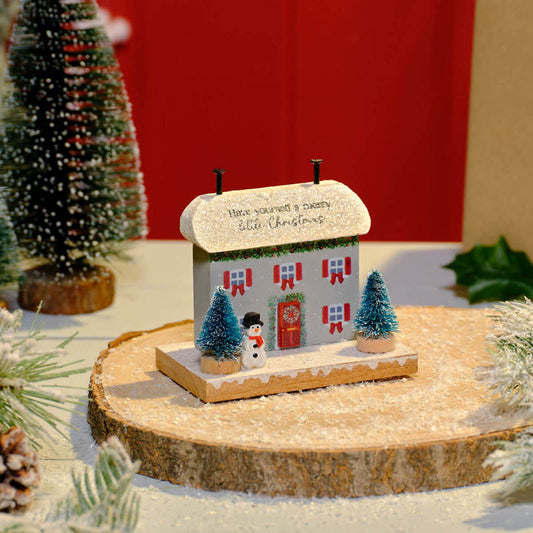 Merry Christmas Wood Cottage Block with Snowman