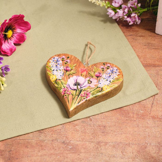 Floral Serende Mango Wood Chunky Heart Hanger