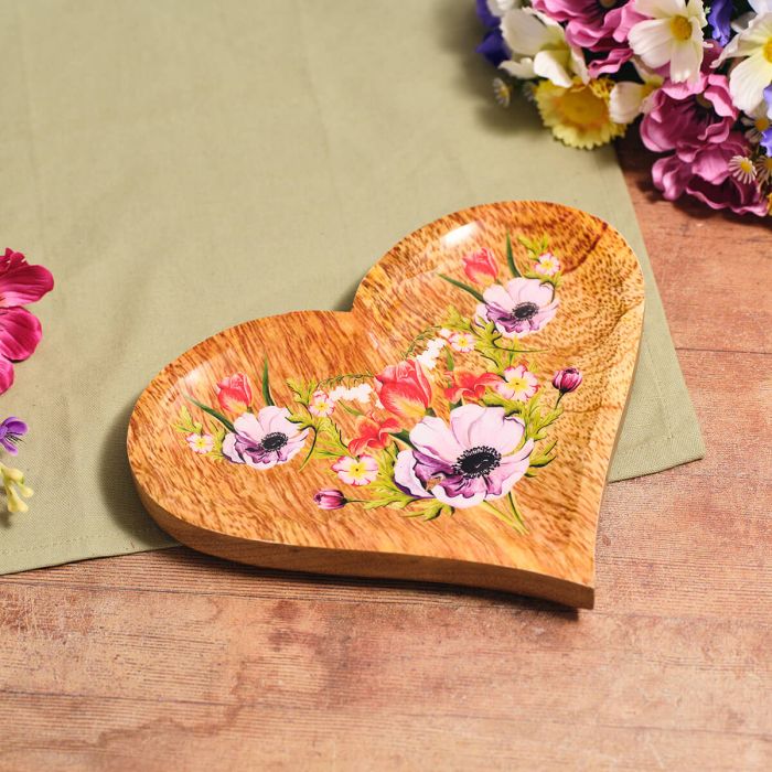 Floral Serenade Mango Wood Heart Plate