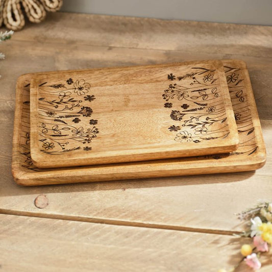 Etched Mango Wood Rectangle Tray