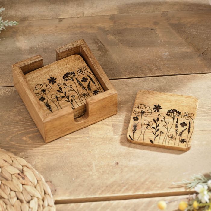 Etched Mango Wood Set of 4 Coasters