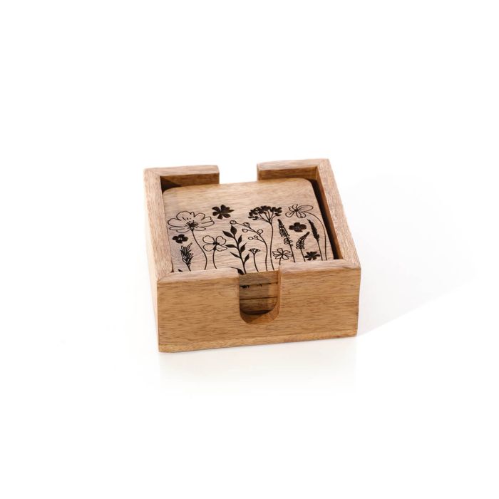 Etched Mango Wood Set of 4 Coasters