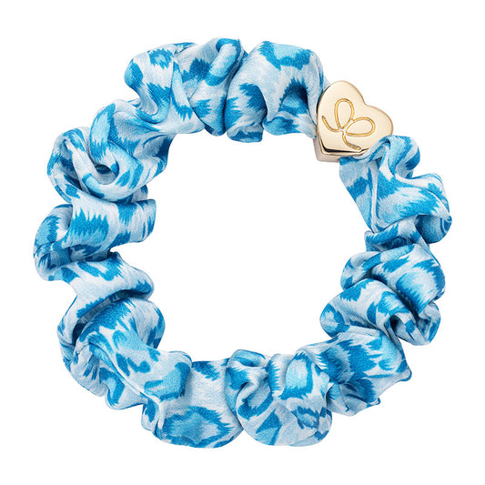 By Eloise Bangle Band Silk Scrunchie Blue Leopard with Gold Heart