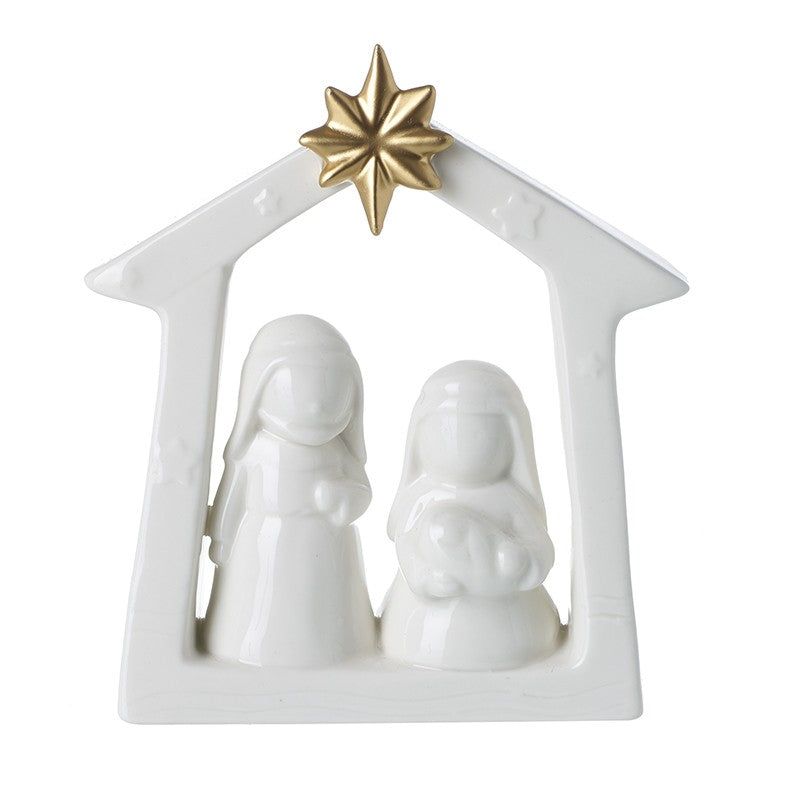 Small White Ceramic Nativity Scene with Gold Star