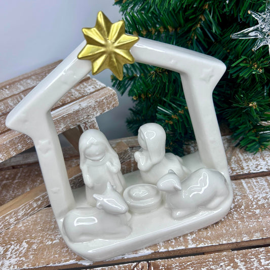 White Ceramic Nativity Scene with Gold Star