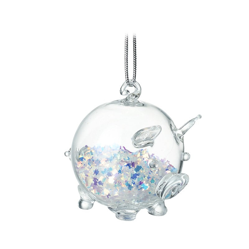 Glass Hanging Pig with Glitter