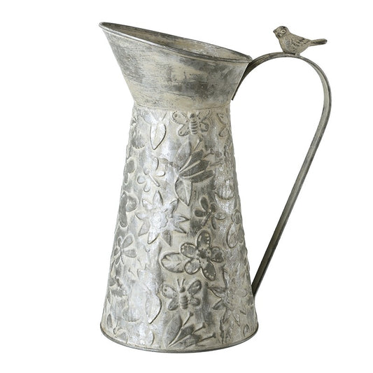 Embossed Silver Metal Jug with Bird