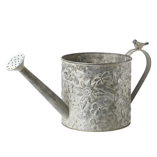 Embossed Silver Metal Watering Can with Bird