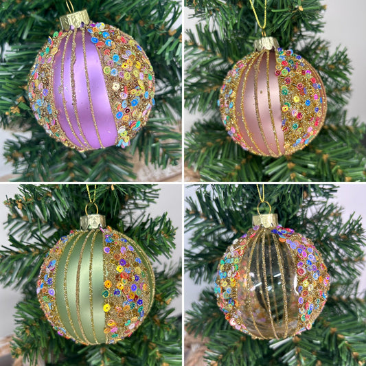 Multi Sequin Striped Glass Bauble