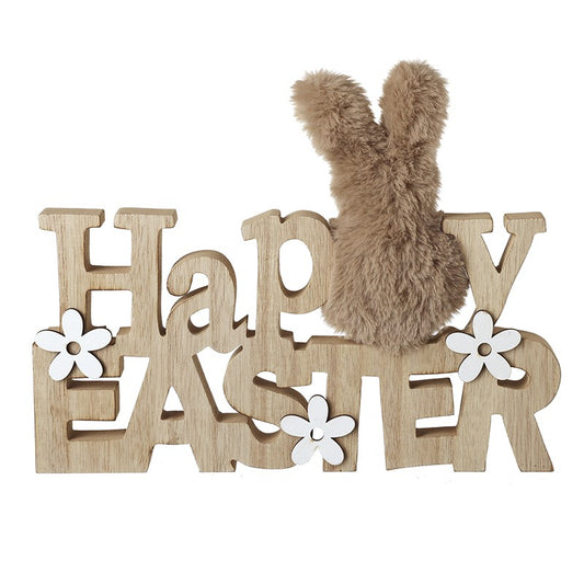 Happy Easter Fur Bunny Wooden Block