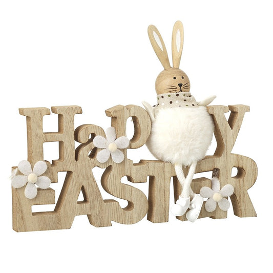 Fluffy Bunny Wooden Happy Easter Block