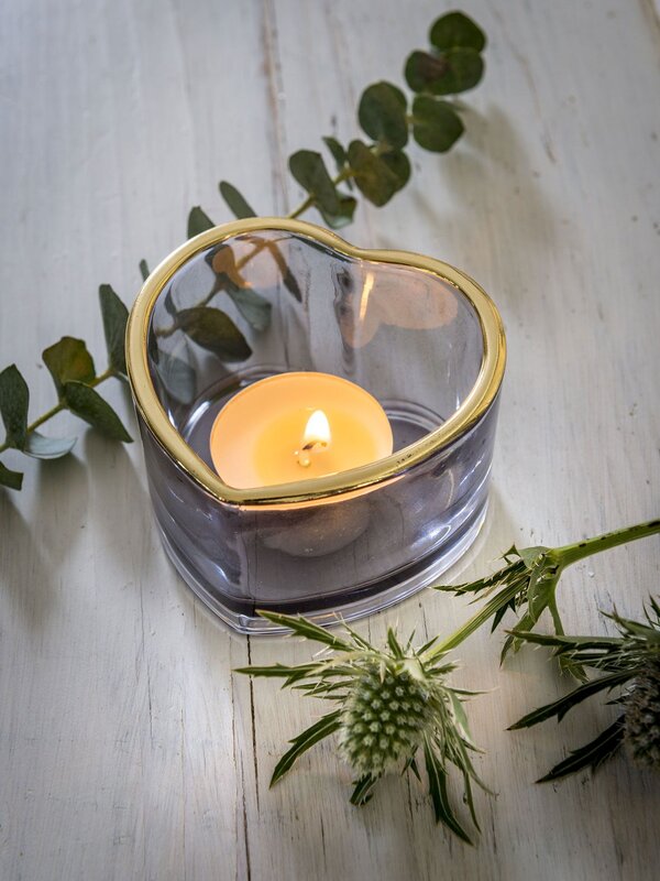 Smokey Grey Glass Heart T-Light Holder