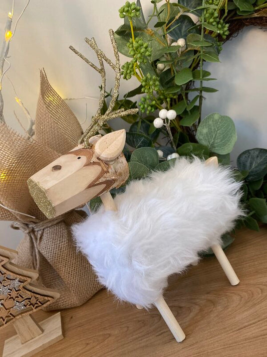 Fluffy Wooden Deer with Glitter Nose