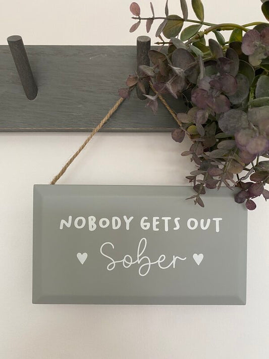 Nobody gets out sober heart detail hanging plaque