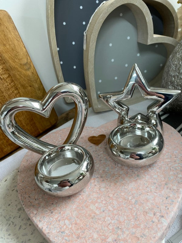 Silver Heart Star T-Light Holder