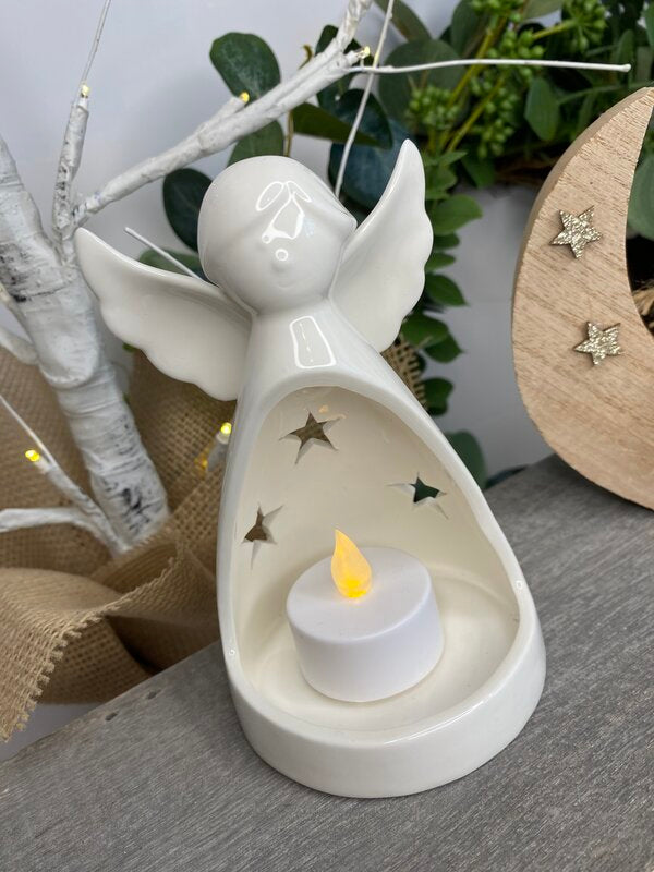 White Ceramic Angel T-Light Holder